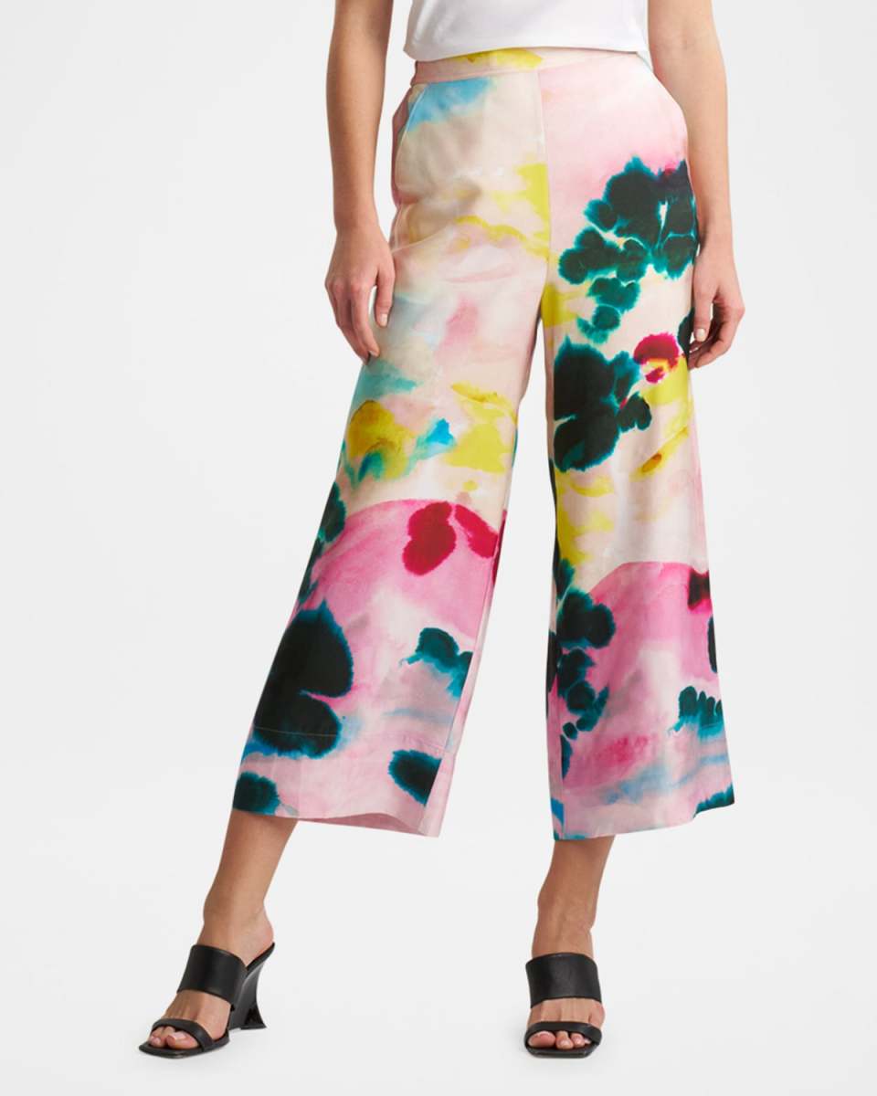 Akiko Cropped Watercolor-Print Twill Pants
